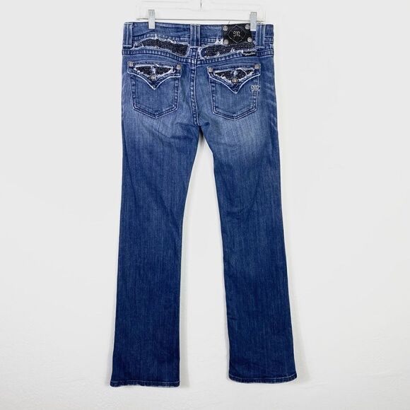 Miss Me Dark Wash Low Rise Rhinestone Embellished Flap Pocket Bootcut Jeans - Picture 3 of 8